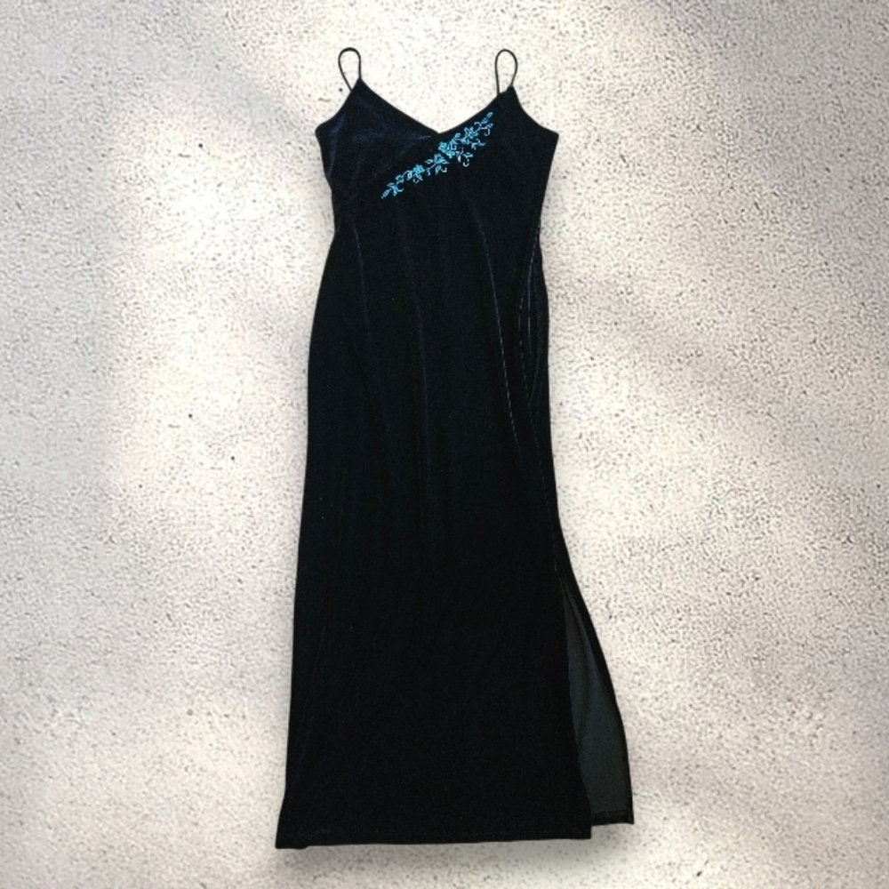 Vintage 90s Y2K Black Velvet Floral Embroidered Whimsigoth Fairy Maxi Slip Dress